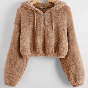 SHEIN Drop Shoulder Drawstring Crop Teddy Hoodie (NO REFUND/ EXCHANGE)